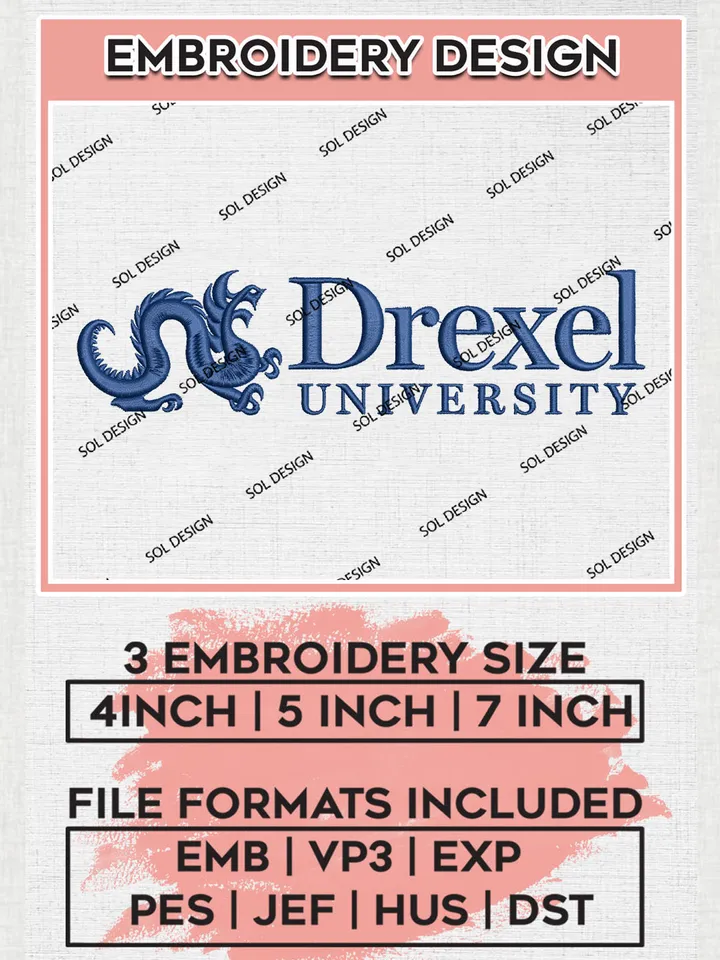 NCAA Drexel College Team Logo Embroidery Design Files, NCAA Drexel Dragons Machine Embroidery, NCAA Teams, Game Day, 3 sizes, NCAA Machine embroidery designs, Digital Download