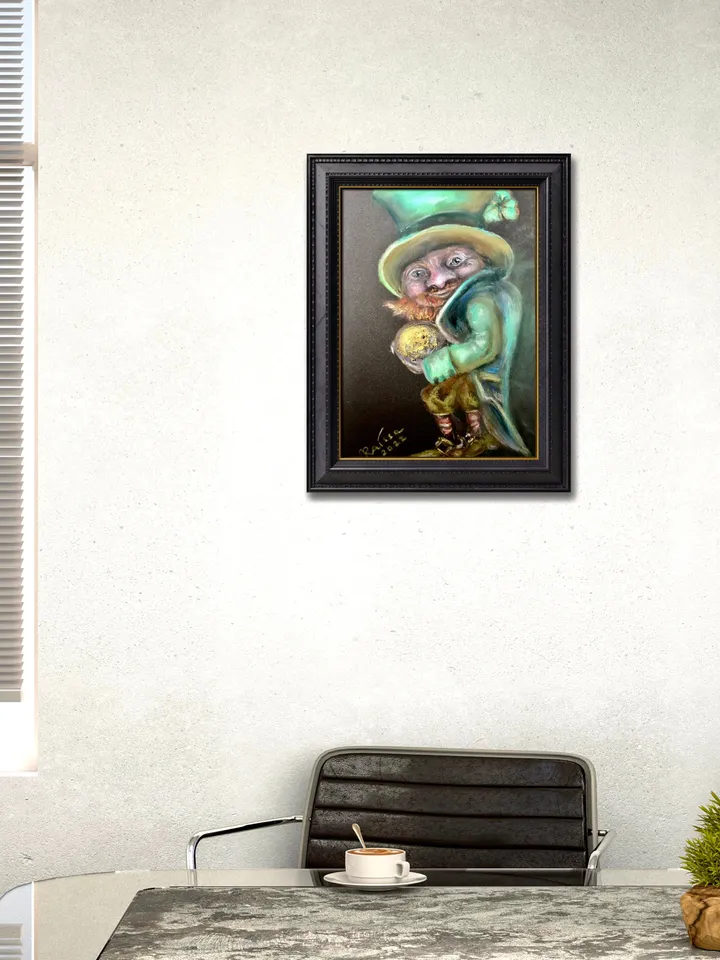 Funny leprechaun with a golden coin painting ,original soft pastel painting on specialized paper,,Irish leprechaun wall art,special gift.