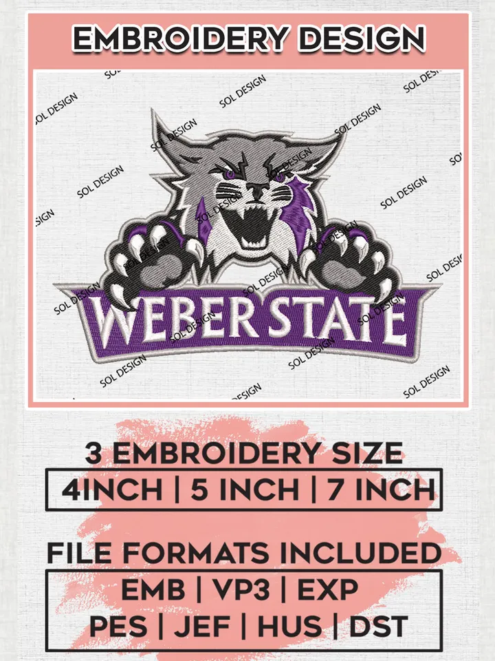 NCAA Weber State Team Head Mascot Logo Embroidery Design Files, NCAA Weber State Wildcats Machine Embroidery, NCAA Teams, 3 sizes, NCAA Machine embroidery designs, Digital Download