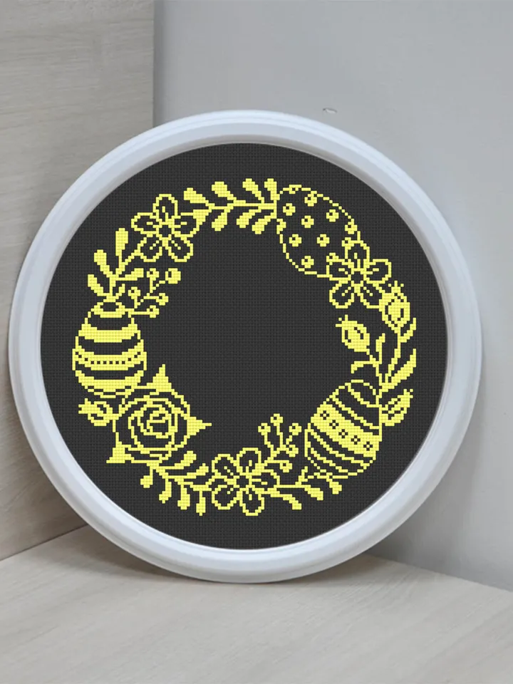 Easter wreath cross stitch pattern download PDF Easter eggs cross stitch chart, Small beginner embroidery PDF, Happy Easter cross stitch #T1