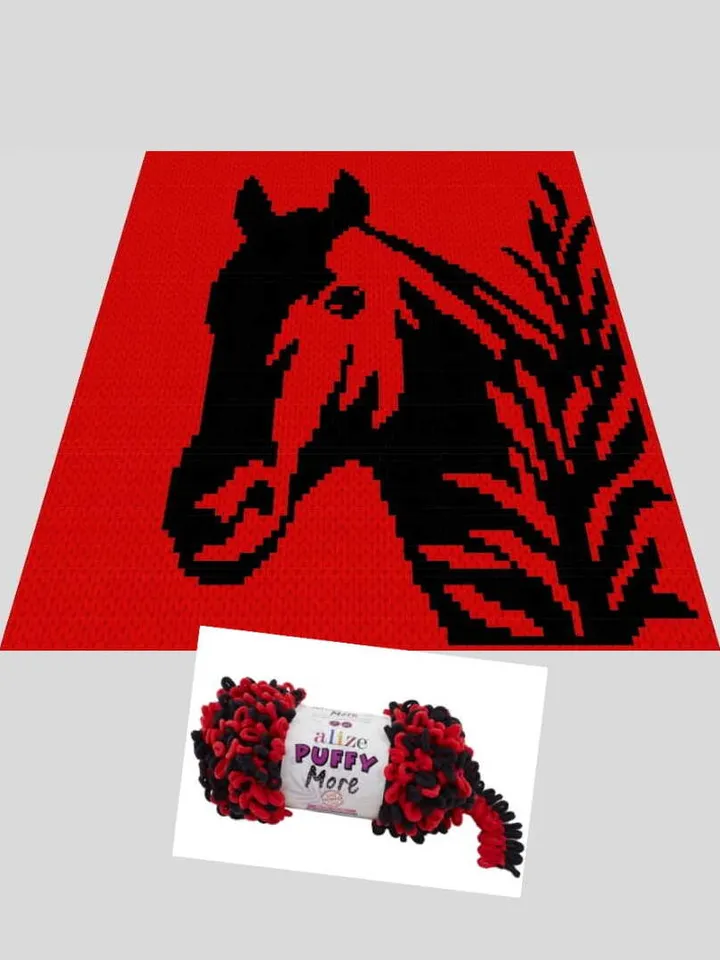 Loop yarn Finger knitted Black Horse blanket pattern