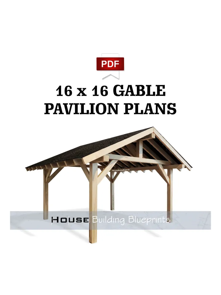Outdoor 16' x 16' gable gazebo plans for DIY. Carport plans. Diy backyard wooden garage plans for patio in pdf.