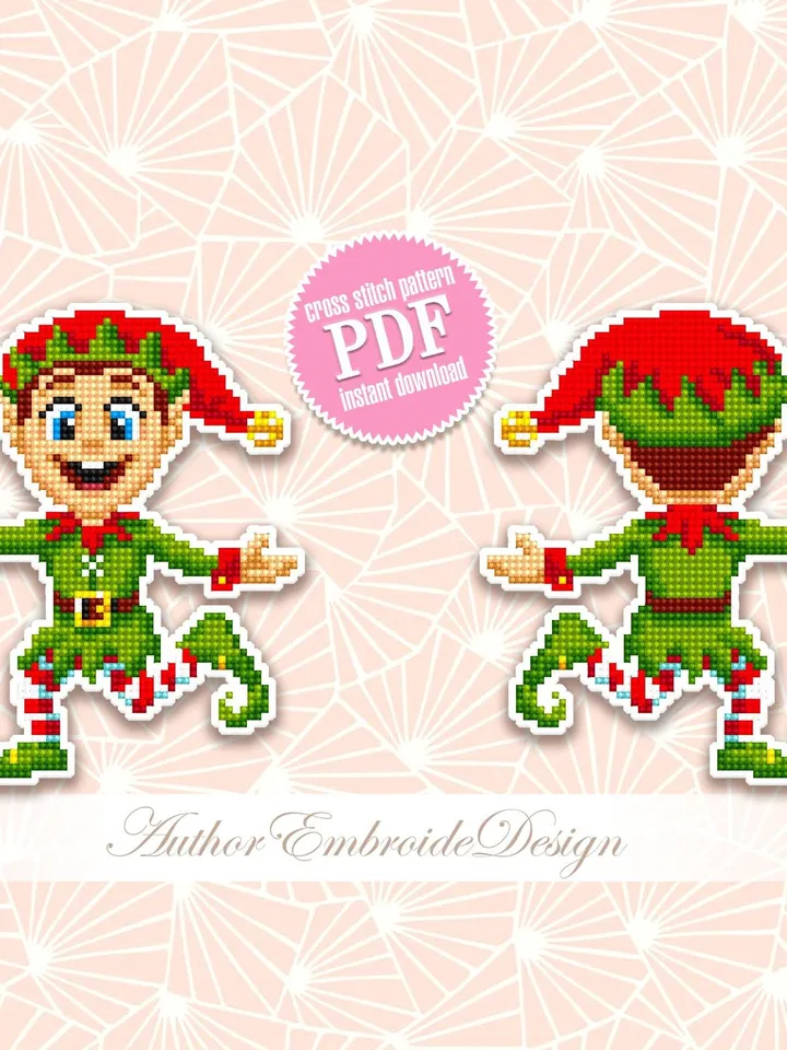 Christmas elf cross stitch pattern PDF download Double-sided Christmas tree decor for plastic canvas, Small Christmas ornament pattern #N123
