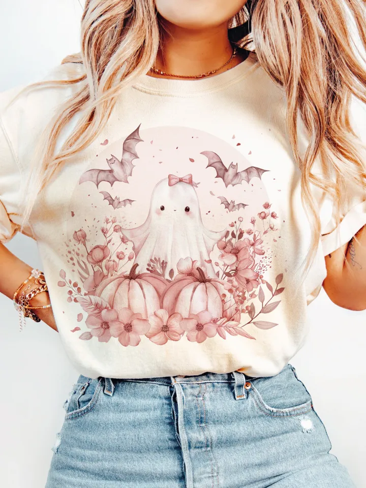 Pink Halloween PNG, Spooky Ghost, Autumn sublimation design, Fall PNG, Pumpkins, leaves PNG, Watercolor Sublimation, Coquette Pink Ghouls
