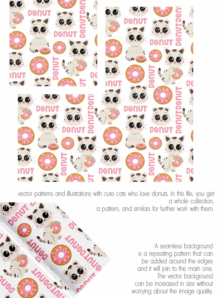 Prints and patterns of cute cats with donuts in vector