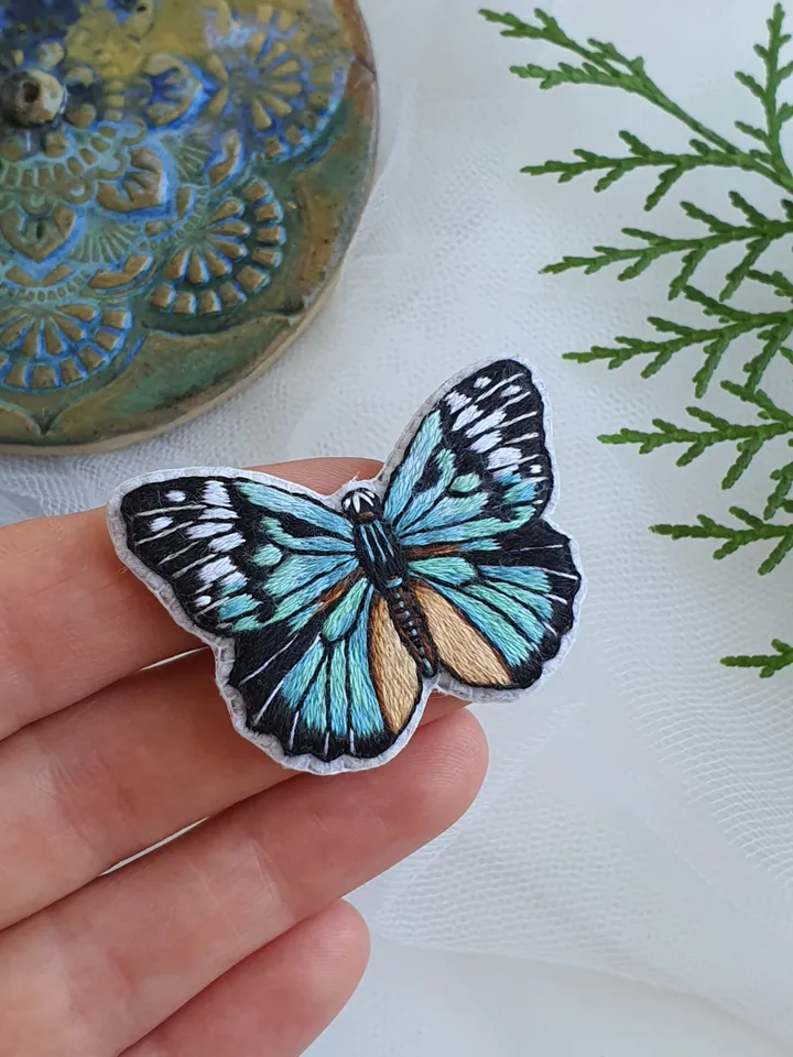 Butterfly Brooch. Hand-embroidered brooch, artistic satin stitch.