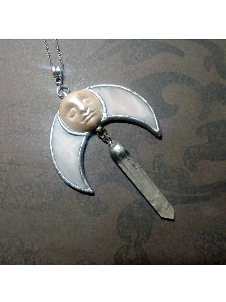 Stained glass moon, Moon Goddess, Moon phase necklace, Stainglass crescent, Full moon pendant, Moon face necklace