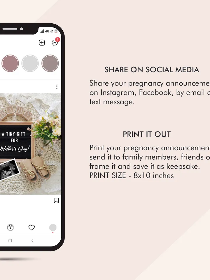 Pregnancy Announcement Digital Mother's Day Baby Announcement, Editable Template for Social Media