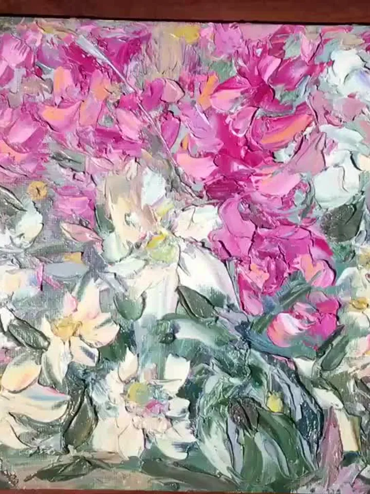 Pink and white flowers fantasy painting ,original oil impasto painting on small canvas board ,wall decoration,small  gift.