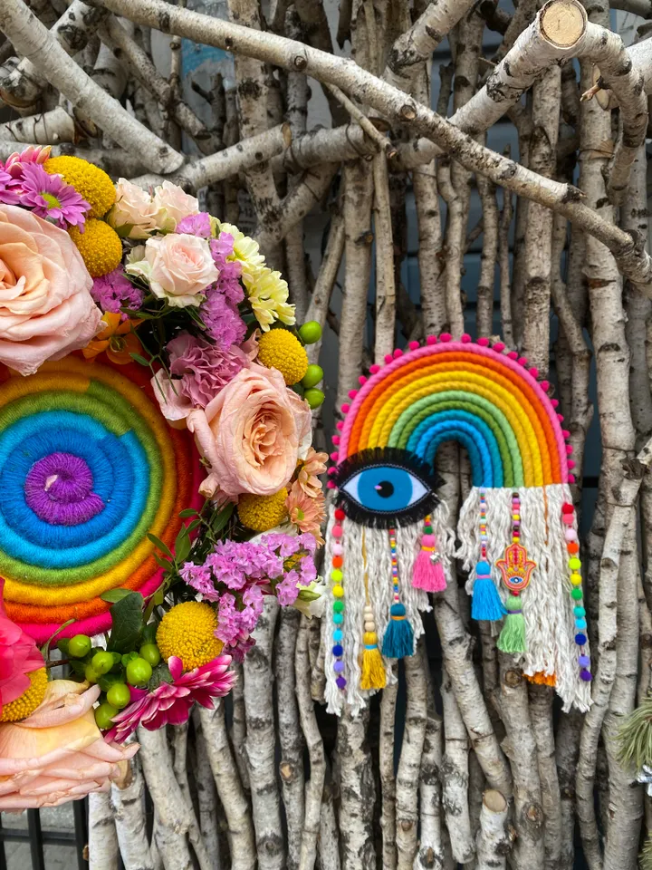 Boho home decor, Large rainbow wall hanging, Evil eye and Hamsa hand home decor, Mother day gift, Hippie stuff