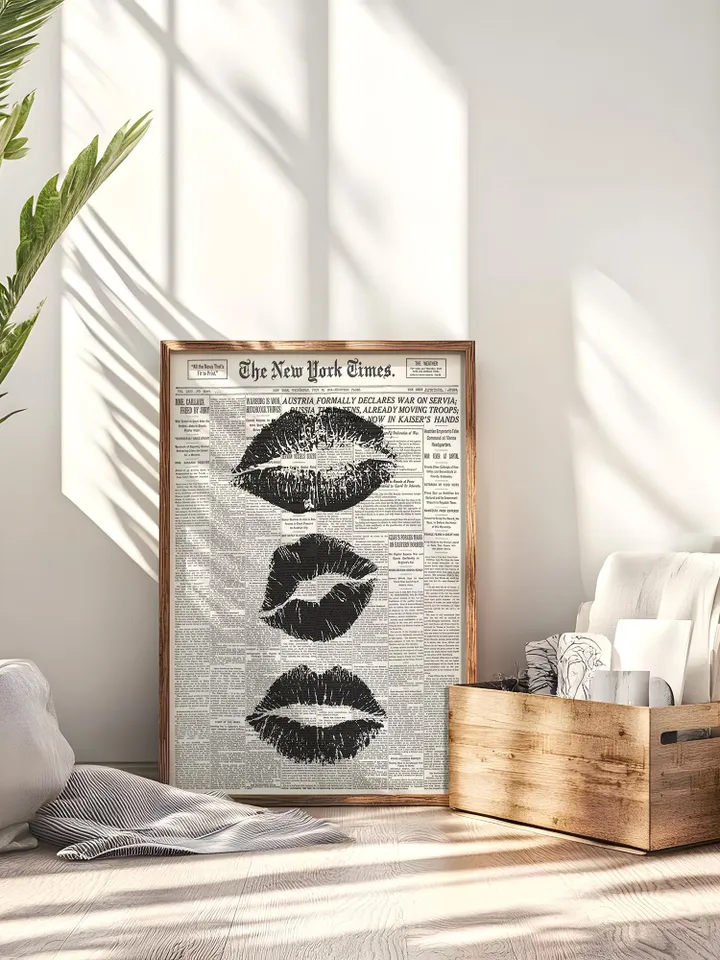 Trendy Wall Art Newspaper Art Prints Black And White Poster Aesthetic Room Decor Vintage Retro Poster Girly Wall Art Kiss Lips Wall Art Dorm