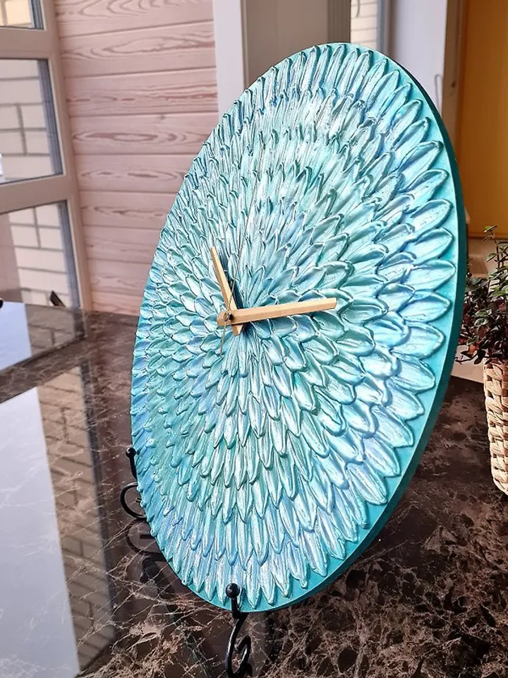Metallic blue teal wall clock Modern art clock Handmade wall clock Silent clock