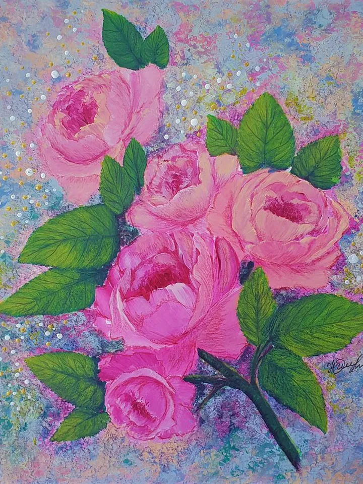 Pink Roses Painting Flower Original Art Floral Bouquet Wall Art Acrylic Painting