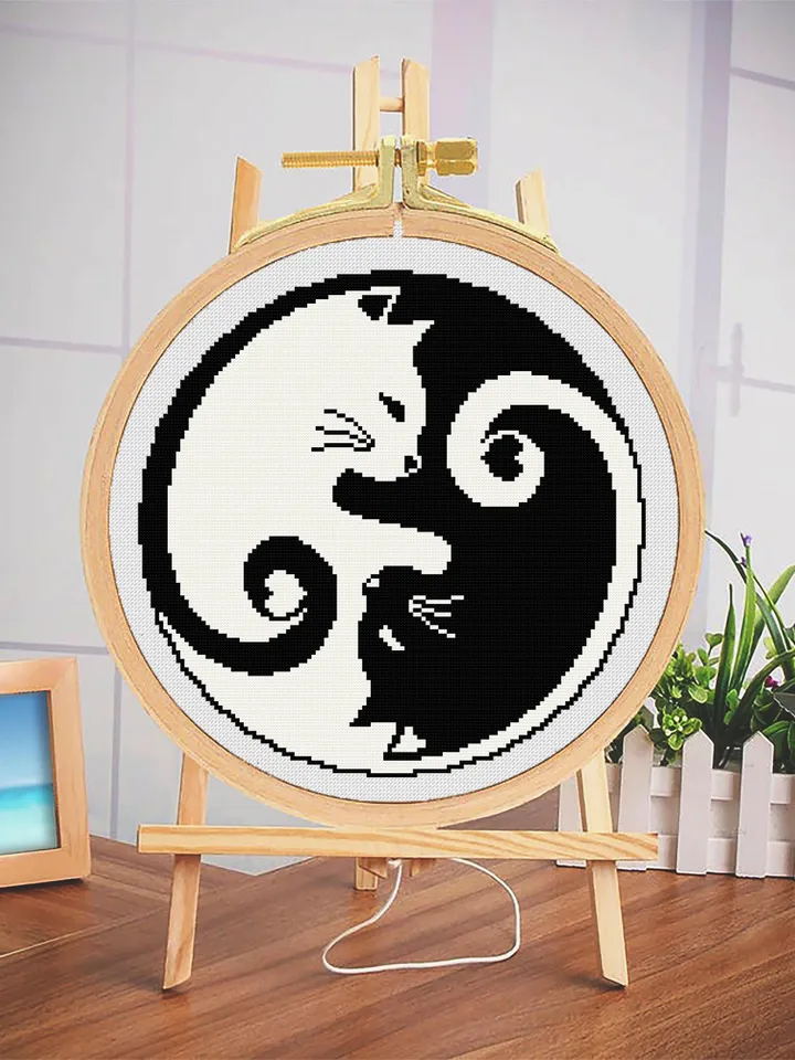 Yin Yang cat cross stitch pattern download PDF, Mandala cat embroidery PDF, Yin and yang cross stitch chart, Quick cross stitch sampler #M89