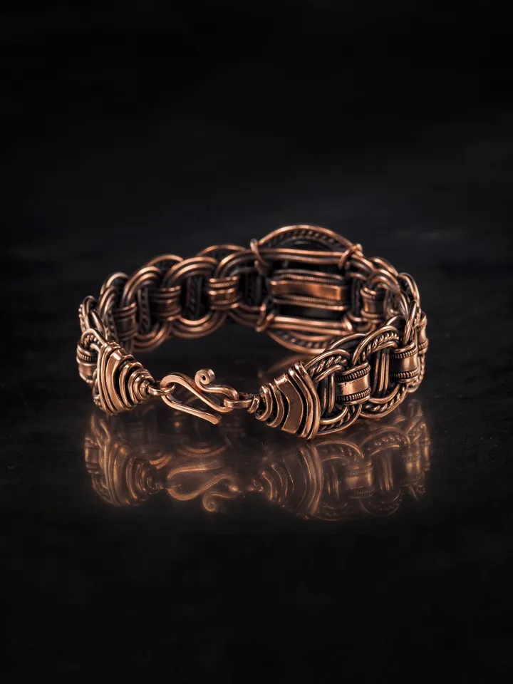 Copper wire bracelet with natural falcon eye, 7th Wedding Anniversary gift