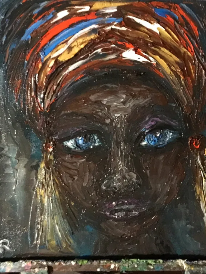 African girl original oil painting on stretched canvas,woman in a headscarf with earrings,,small gift,home decoration.