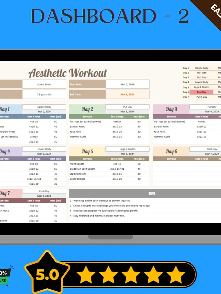 Aesthetic Workout Template, Editable Google Sheets, Digital Download for Fitness Planning & Muscle Definition Tracking