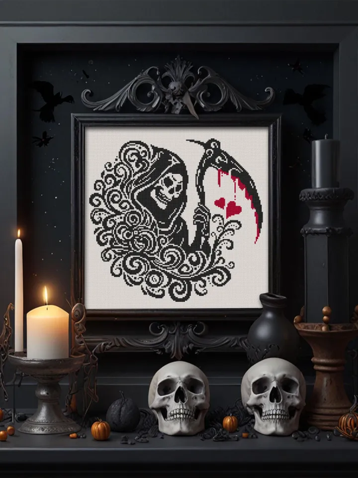 Grim reaper cross stitch pattern PDF download Gothic cross stitch chart, Gothic Halloween pattern digital PDF, Death with a scythe #H78