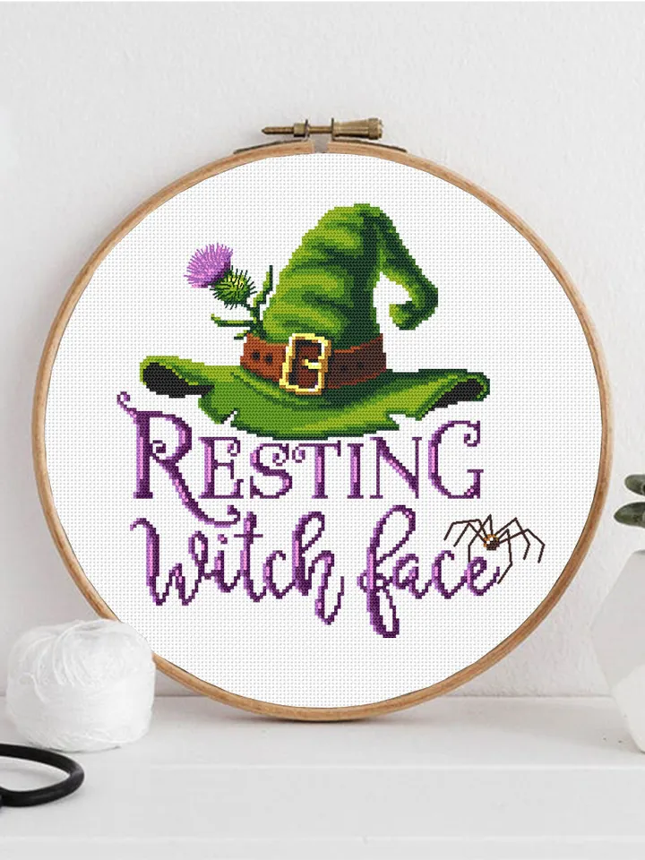 Resting witch face cross stitch pattern download PDF, Halloween witch cross stitch chart, Cute Halloween pattern digital PDF Home decor #H46