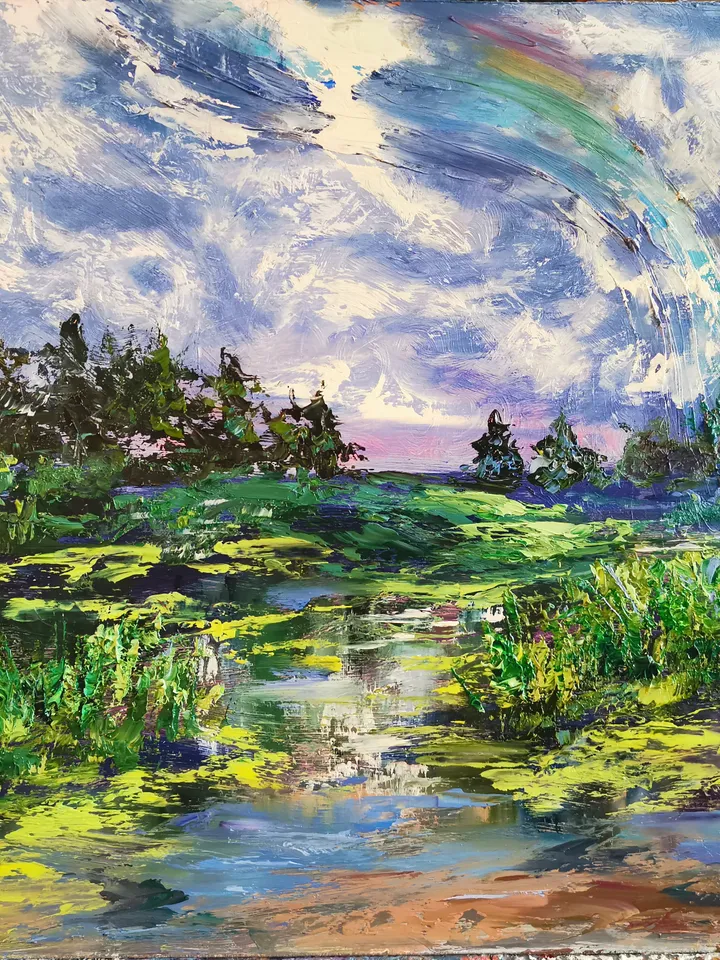 Rainbow River Pond Forest Sky Original Impasto Art Oil Painting Artist Svinar Oksana