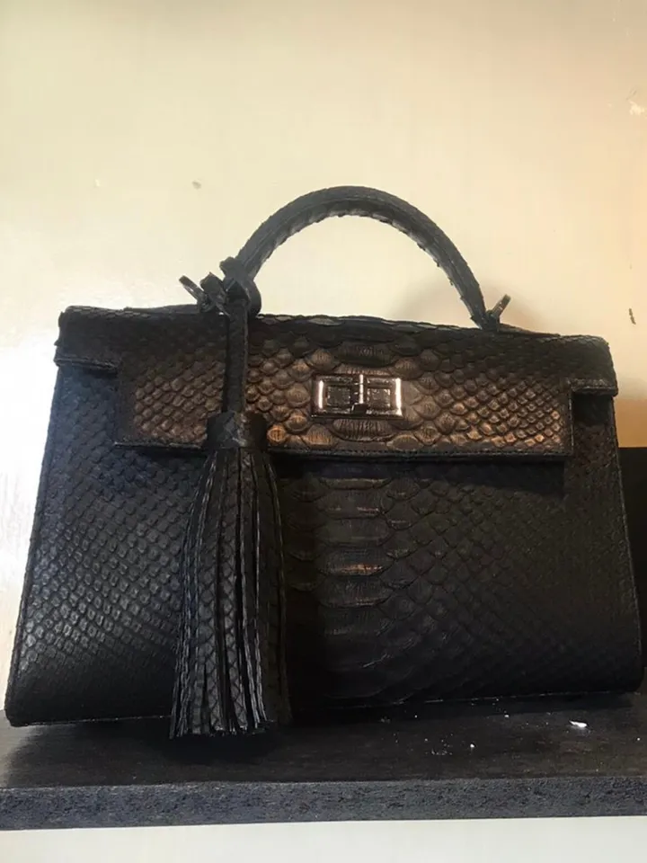 Top handle black classy genuine python skin bag | exotic leather bags | Elegant everyday women purse | snake skin bag | designer leather bag