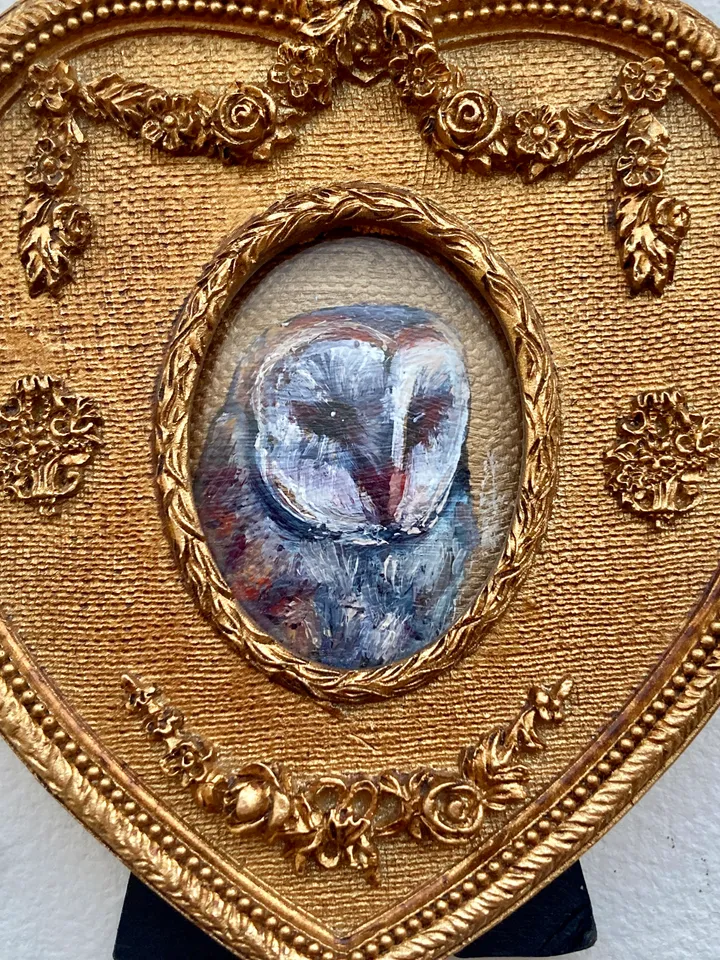 Owl Oil Painting Original In Vintage Style Heart Frame Small Framed Bird Art Barn Owl
