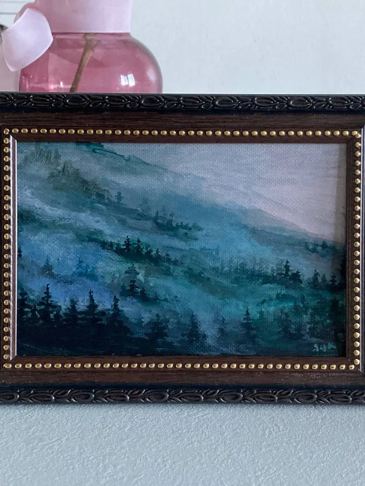Original Forest Painting Foggy Forest Mountains Small Moody Painting