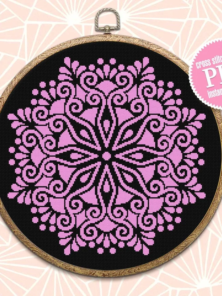 Mandala cross stitch pattern download PDF Flower mandala pattern digital Monochrome cross stitch chart Floral ornament embroidery PDF #M104