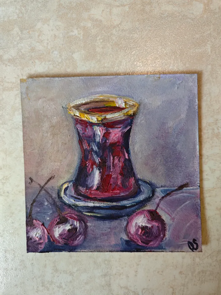 Cherries And Hibiscus Red Tea Original Painting Fruit Original Art Cherries And Glass Red Tea Modern Artwork Bright Cherry Oil Painting Cherry Fruit And Hibiscus Tea Wall Art Decor 5 x 5 inches by OlgaSokolovaArt