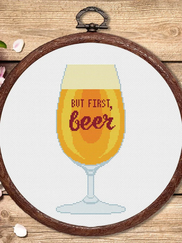 Set of 2 But First Beer Cross Stitch Pattern, Kitchen Cross Stitch, Embroidery Beer, But First Wine Pattern, Modern Cross Stitch #kt007