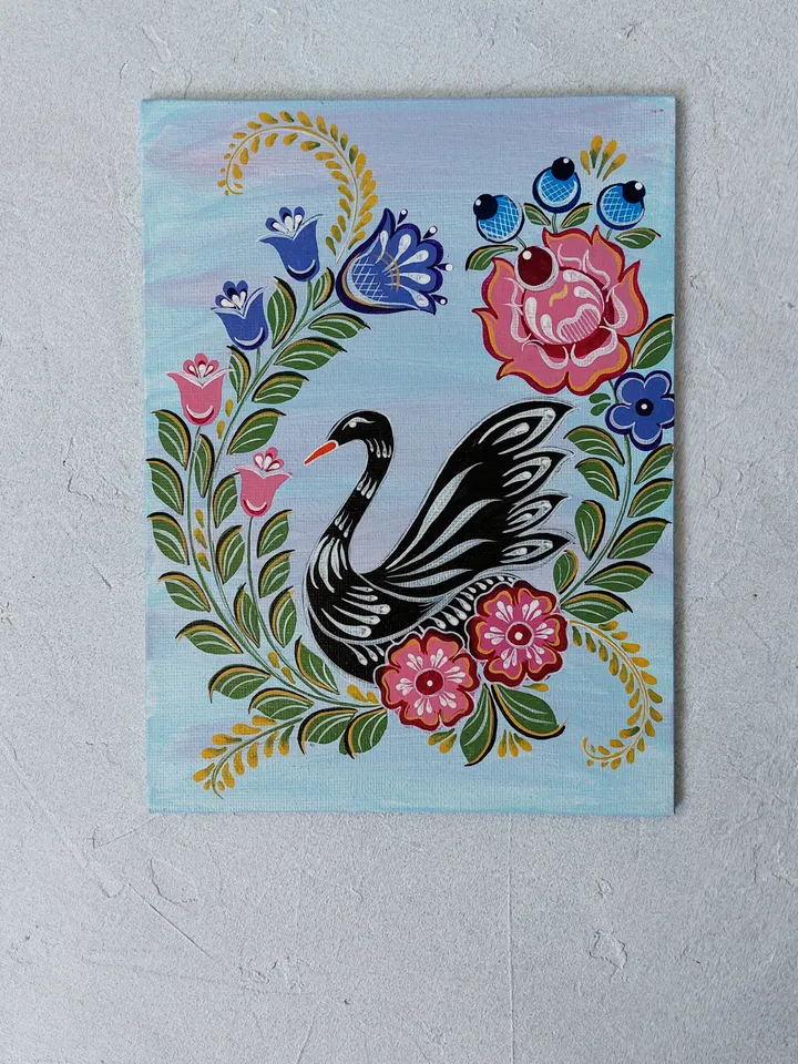 The black swan. Folk art on canvas.