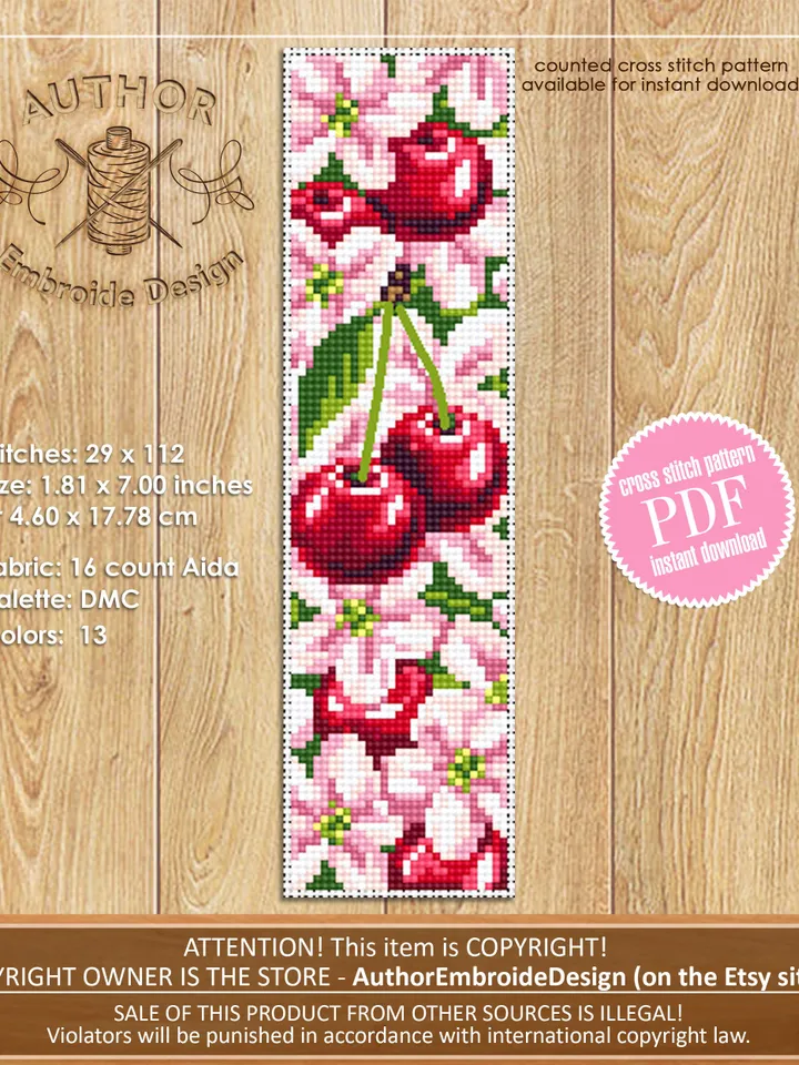 Сherry blossom bookmark cross stitch pattern PDF download Floral bookmark pattern, Cherry berries, Spring embroidery PDF Sakura flower #B145