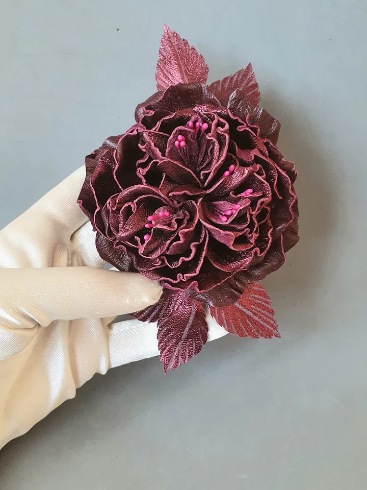 Bordo color rose leather brooch for her , 3rd anniversary gift for wife, Leather women's jewelry