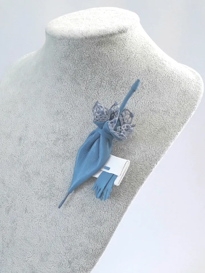 Blue leather brooch umbrella for her , 3rd anniversary gift for wife, Leather women's jewelry
