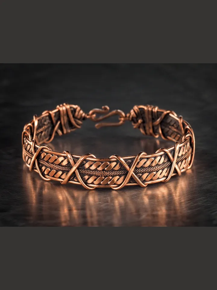Wire wrapped bracelet, Unique 7th 22nd Anniversary gift idea, Art Nouveau antique style, One of kind braided statement bangle, Handmade oxidized pure copper jewelry, Pain relief, EMF protection