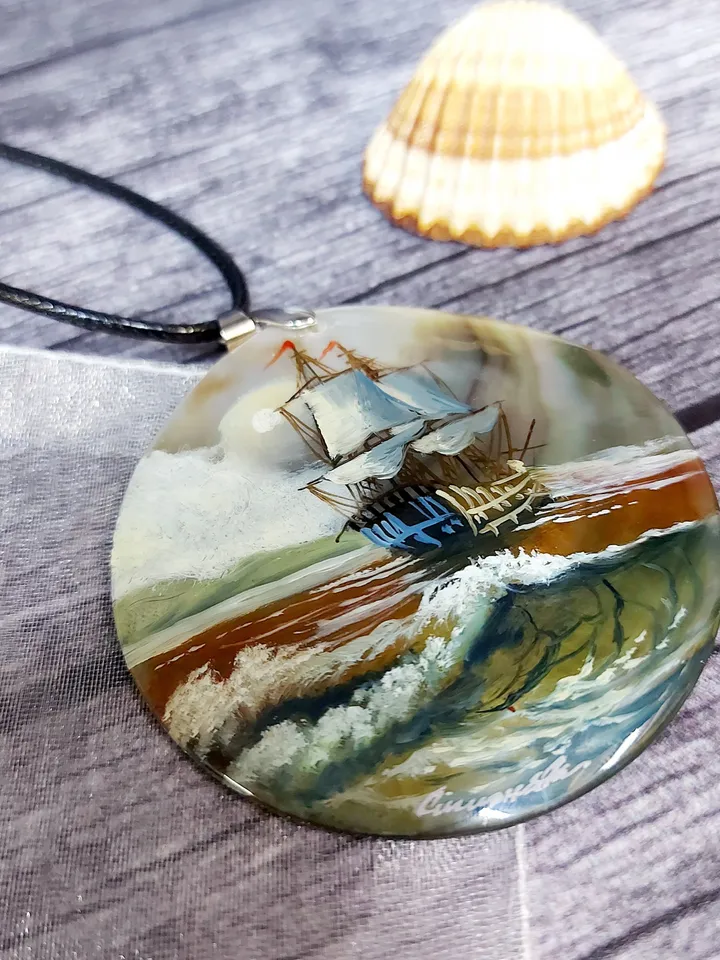 Pearl pendant necklace: Ship in sea storm painted on handmade shell art jewelry • Dainty handcrafted nautical jewelry for dress on yacht