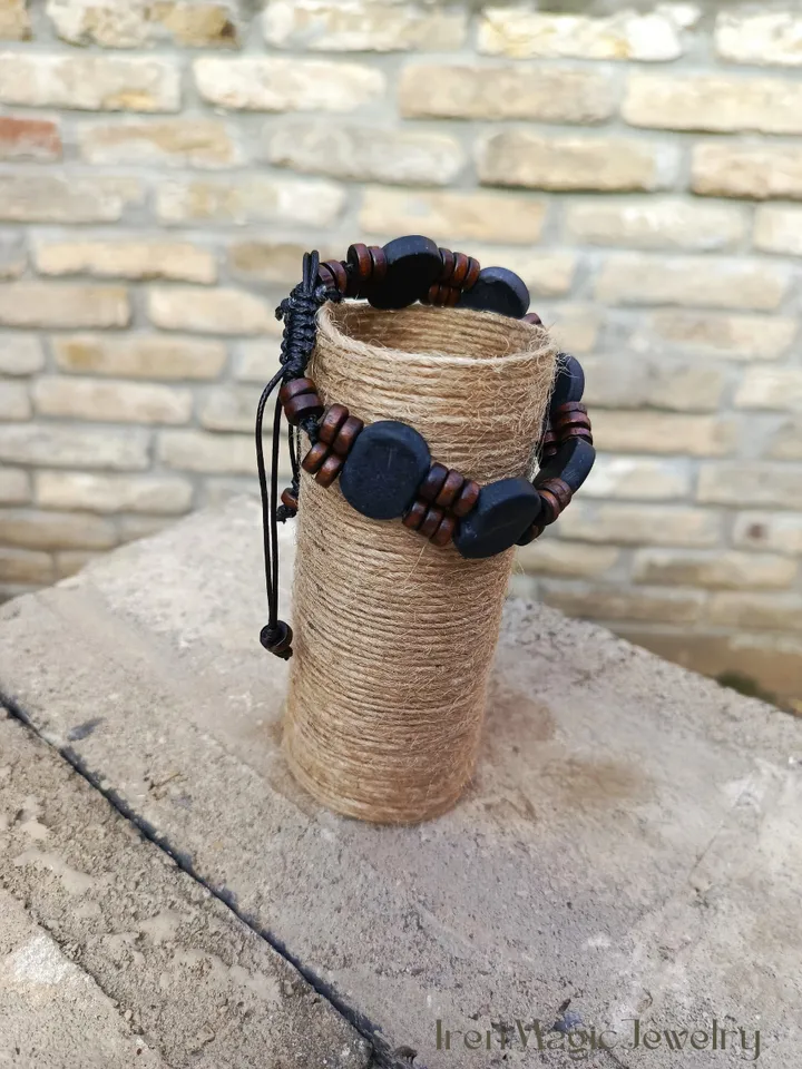 Men's Shungite Bracelet with Wood Beads on Cord
