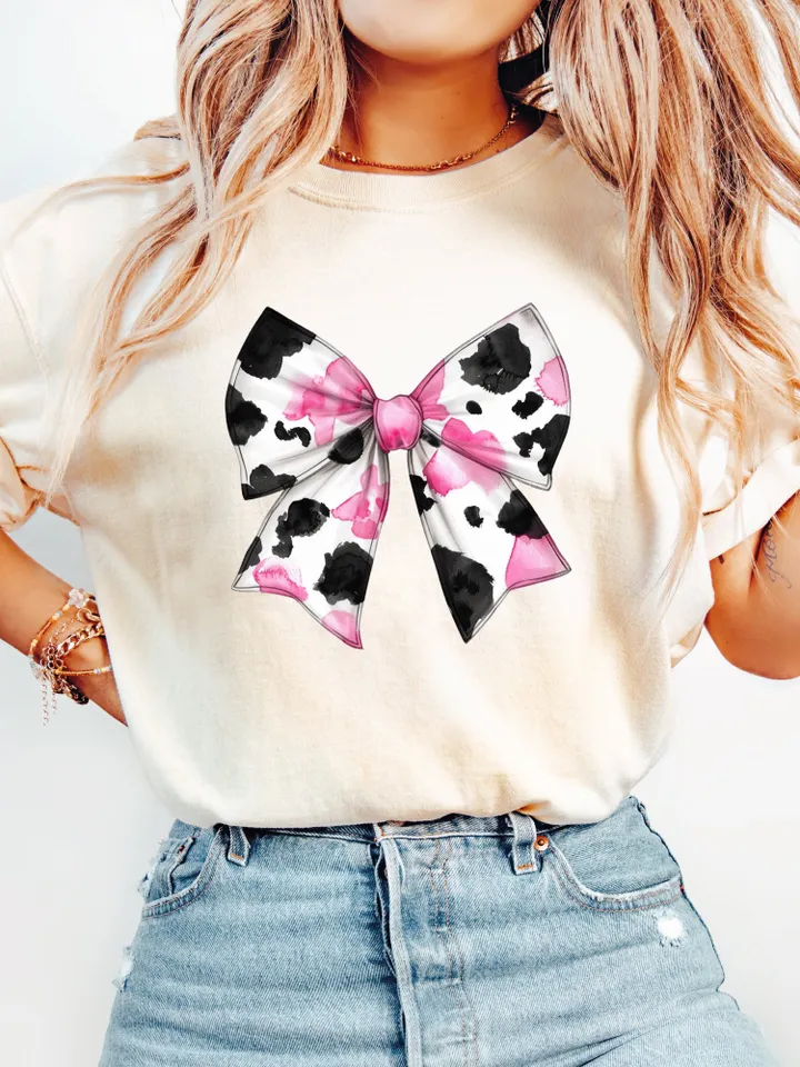Pink Cow Print Coquette bow png Coquette clipart design trending png retro mama png pink bow png aesthetic png tee shirt designs western png