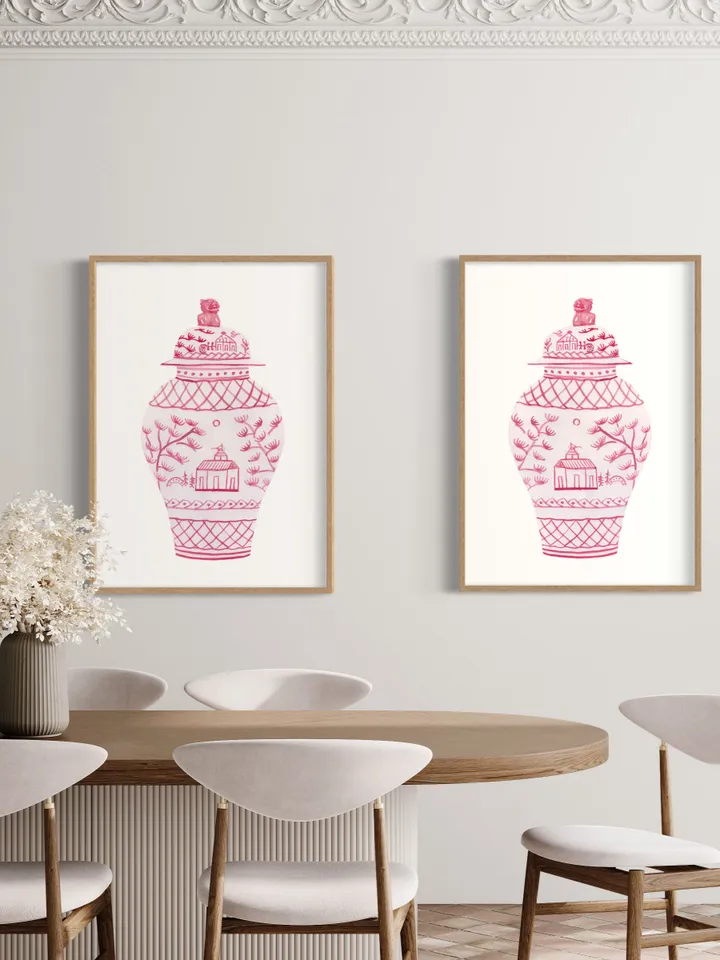 Pink Chinoiserie Set Of 2 Ginger Jar, Asian Vase Print, Dressing Room Art, Vintage Chinoiserie, Pagoda Decor Print, Chinoiserie Chic Art