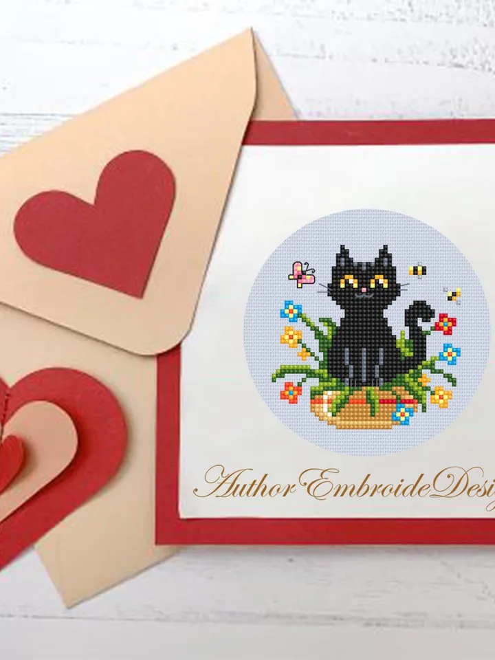 Set Black cat cross stitch pattern PDF download Cat holiday cards cross stitch chart, Small cat pattern digital PDF, Cat lover gift #T39