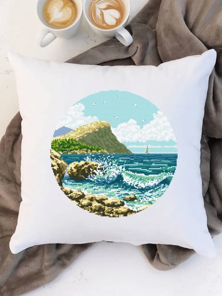 Sea landscape cross stitch pattern download PDF Ocean waves cross stitch chart Nature hand embroidery PDF Summer cross stitch sampler #L37
