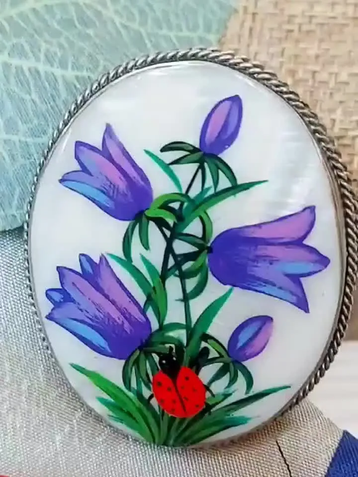 Brooches for women: Purple bell flower mother of pearl brooch with little ladybug, handmade jewlery pin, hand painted lacquer art miniature