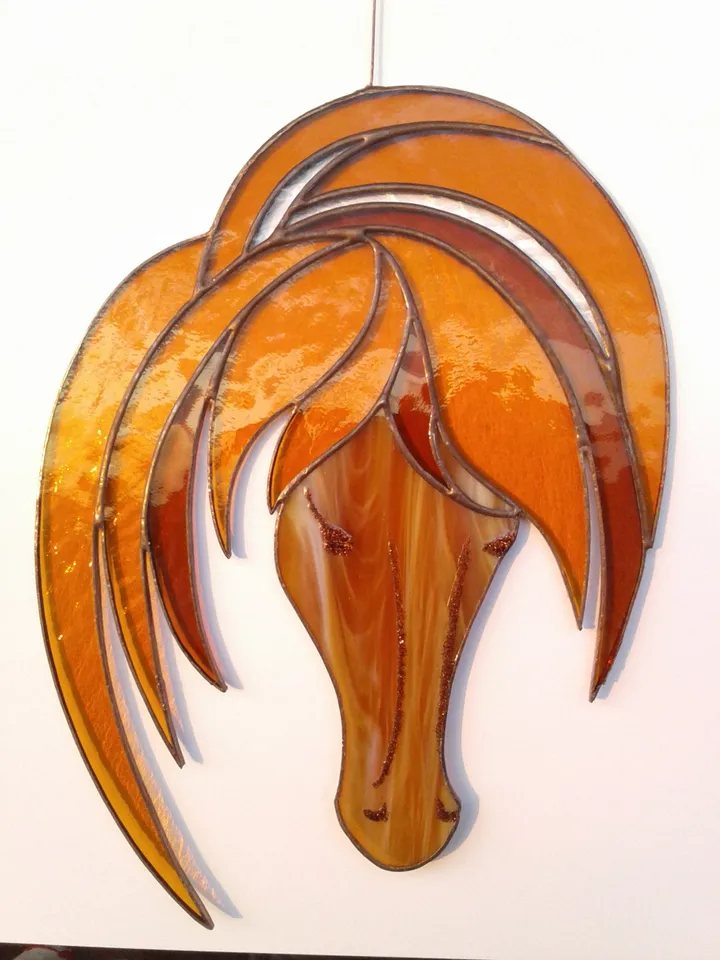 Head Horse Golden Amber Brown . Art stained glass window hanging Suncatcher