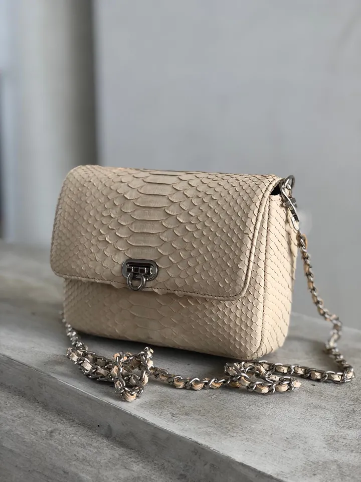 Genuine Python Skin Cream Color Crossbody Detachable Chain Handbag Mini Summer Elegant Classy Purse Clutch, Milk Color Python Leather Lady