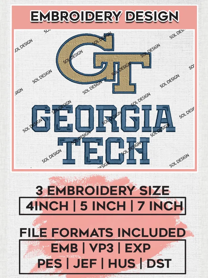 NCAA Georgia Tech Team Logo Embroidery Design Files, NCAA Georgia Tech Yellow Jackets Machine Embroidery, NCAA Teams, 3 sizes, NCAA Machine embroidery designs, Digital Download