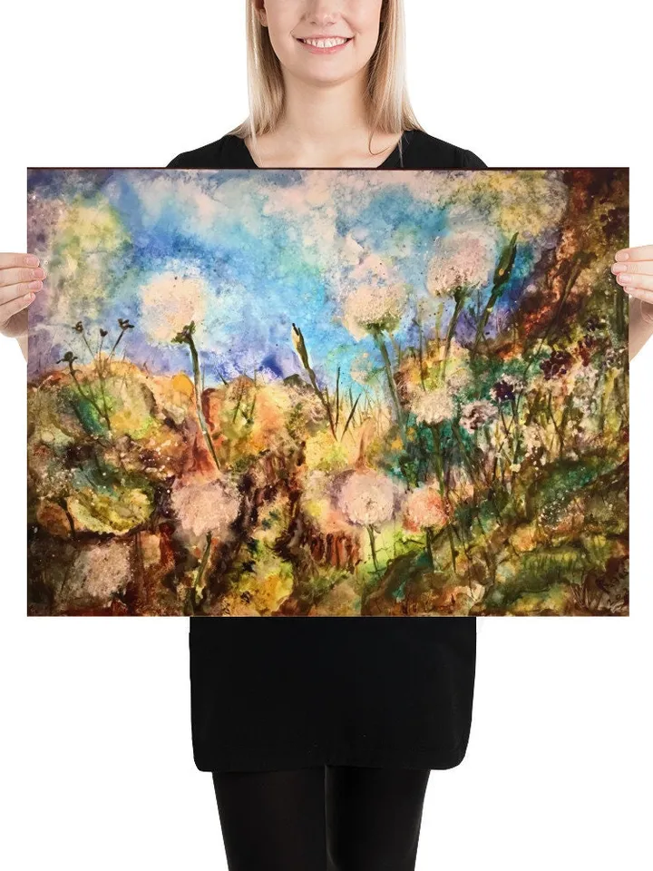 Dandelions Poster from my original mix media artwork on yupo paper,dandelions landscape wall art,home decoration,unique gift.