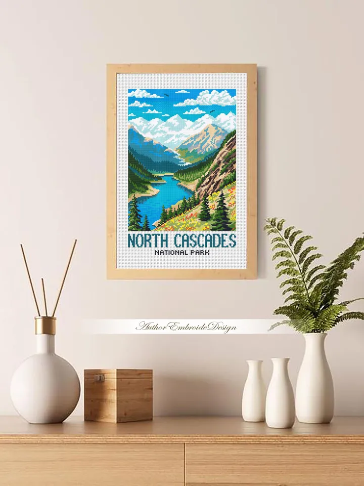 North cascades national park cross stitch pattern PDF download Travel poster cross stitch chart, Mountain landscape pattern digital PDF #L97