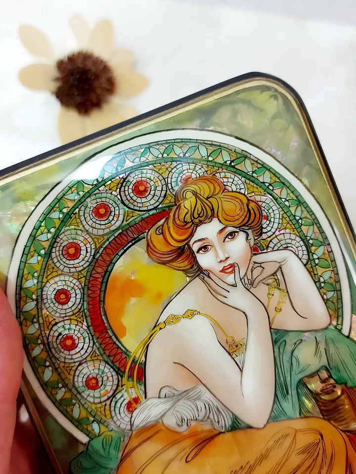 Beautiful Lacquer Box Alphonse Mucha "Topaz" Hand painted miniature painting jewelry box Mother of pearl Papier mache Art gift Fedoskino