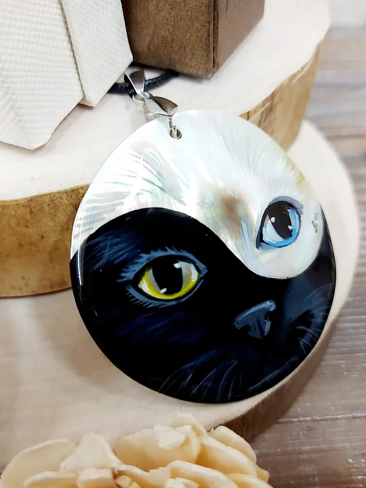 Pendant Mother-of-pearl "Yin-Yang Cat" miniature hand-painted. Russian jewelry. Gift for cat lovers. Hand-painted Necklace. MOP