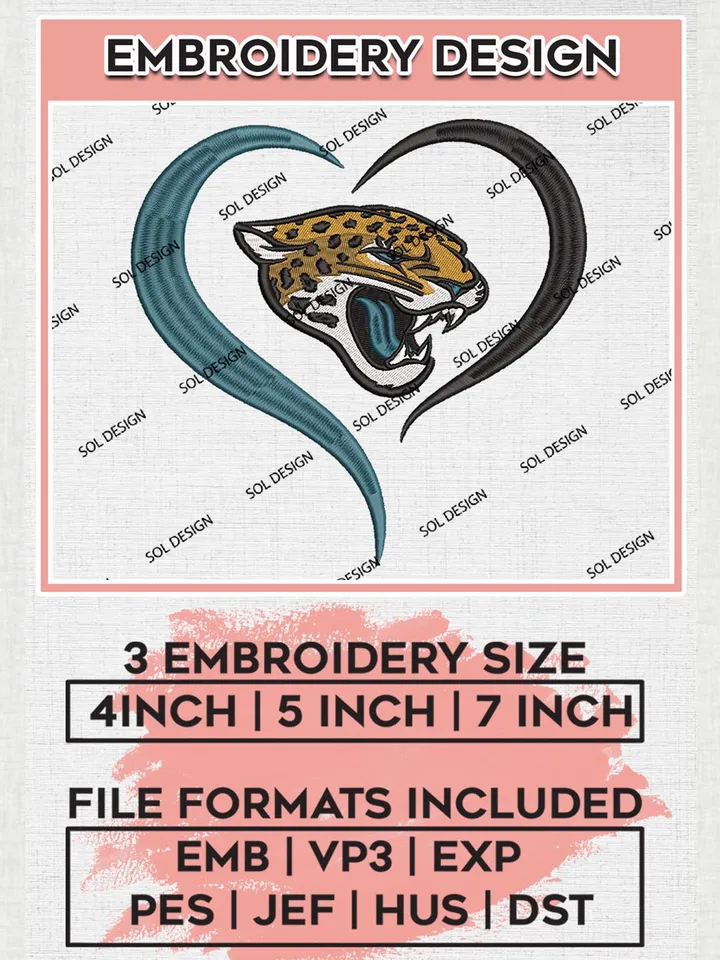 Jacksonville Jaguars Heart Embroidery Designs, NFL Jaguars, NFL Embroidery Designs, NFL Jacksonville Jaguars Machine Embroidery Design, Digital Download